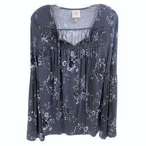 Knox Rose Women's XS Peasant Knit Top ~ Dusty Blue Floral Bell Sleeves Flowy
